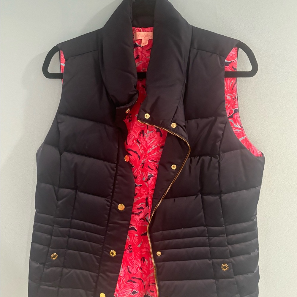 Navy Puffer Vest with Pink Lining